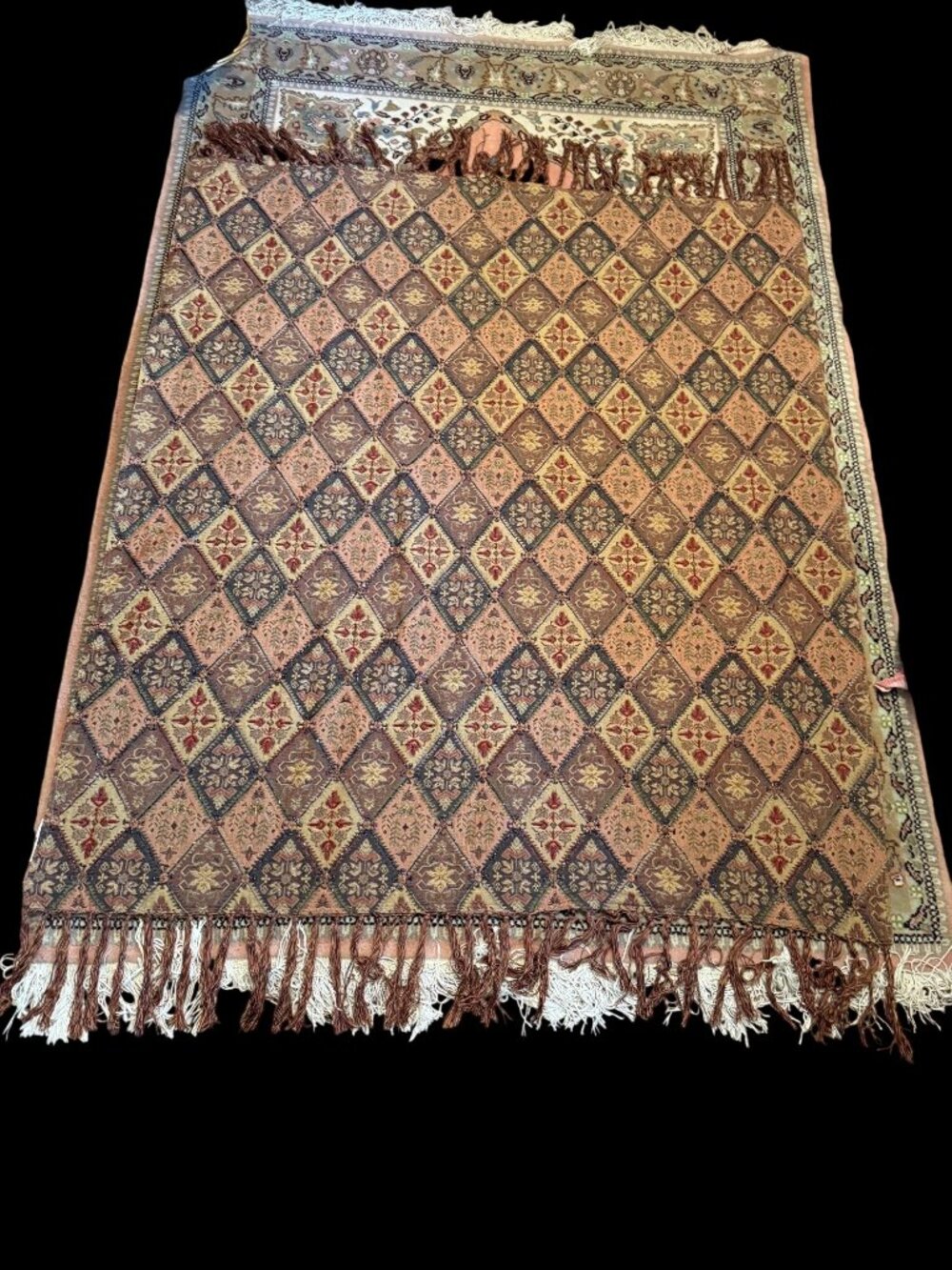 Vintage Pier1 Beaded Tapestry Throw Multicolor Diamond Pattern Fringe Boho Chic